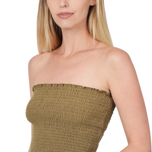 NWT! Olive Green Smocked Strapless Stretchy Tube top Bodycon Crop Top - Picture 2 of 4